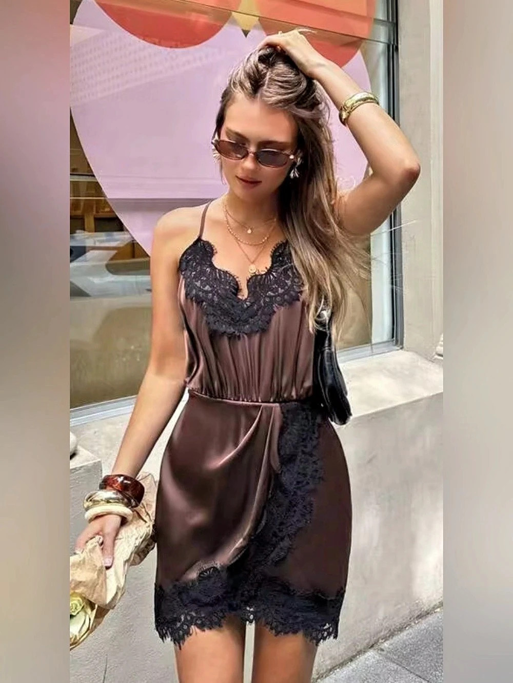 Brown & Black Satin-Style Lace Trim Mini Dress Like New
